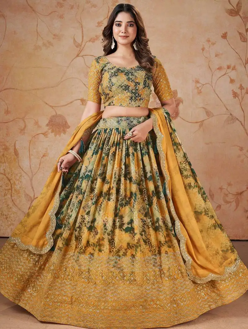 Incredible yellow georgette digital printed party wear lehenga choli
