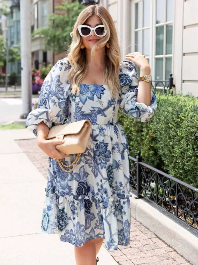 Blue floral puff sleeve fit & flare mini dress with square neck