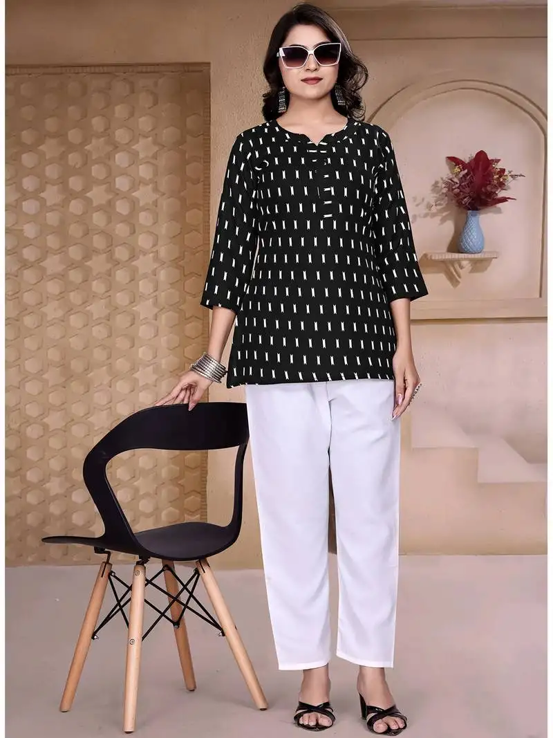 Black printed cotton blend top with 3::4 sleeves everyday comfort wear