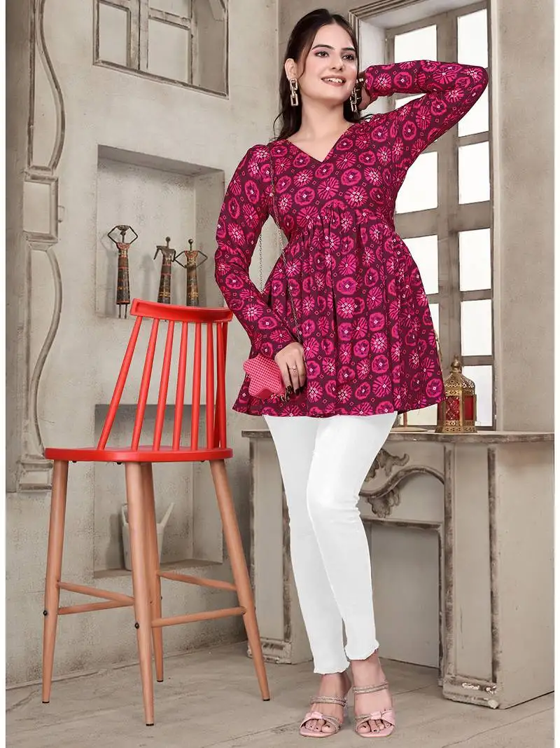 Pink printed v-neck long sleeve top in delta silk everyday wear