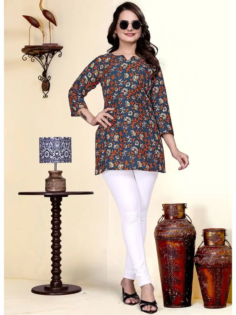 Stylish navy blue printed cotton blend round neck 3::4 sleeve top for women