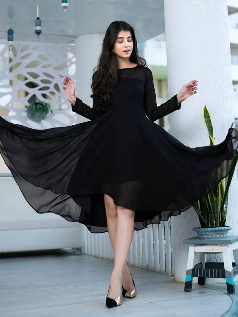 Black fit & flare georgette high-low dress with sheer sleeves