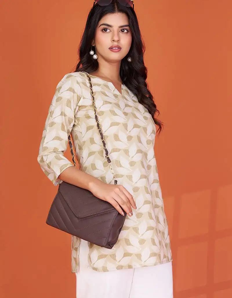 Olive green printed cotton blend round neck 3::4 sleeve top for women