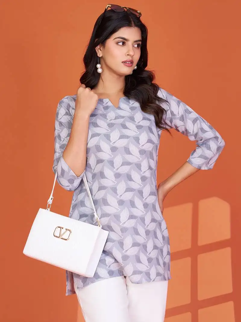 Stylish grey printed cotton blend round neck 3::4 sleeve top for women