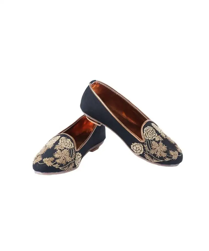 Black ,hand embroidered ,cotton silk,mocassins