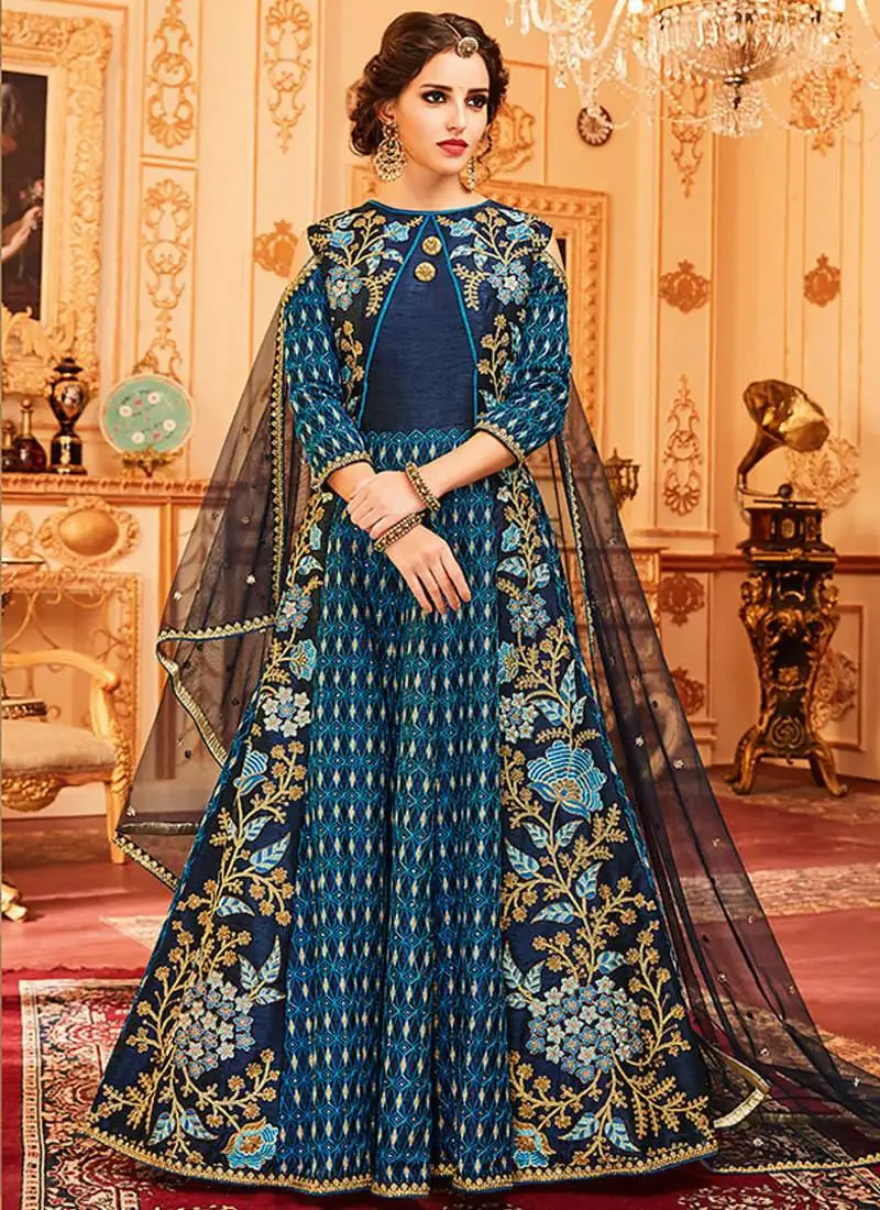 Blue slub silk embroidered wedding wear designer anarkali suit semi stitched