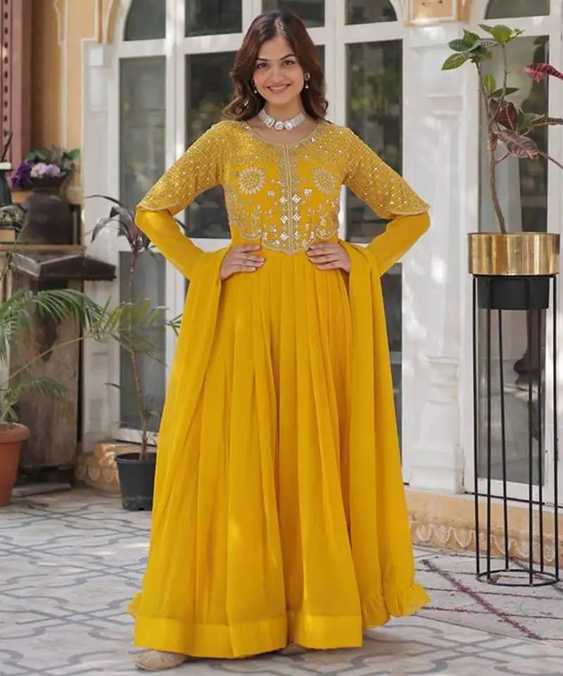 Yellow embroidered anarkali gown stitched