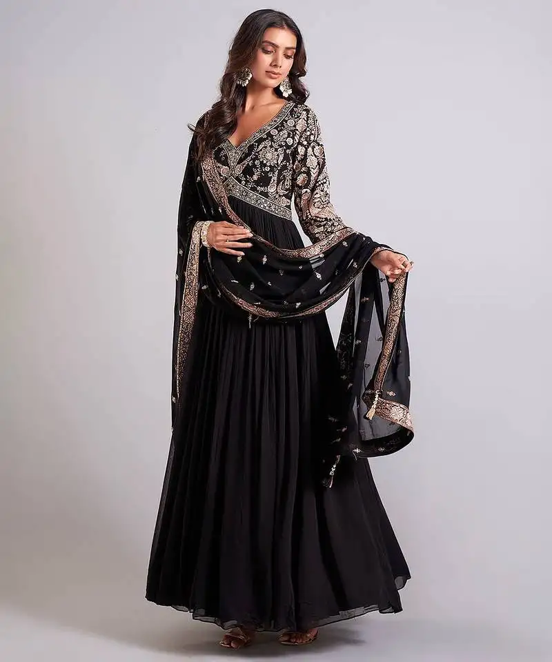 Black embroidered anarkali gown with dupatta stitched