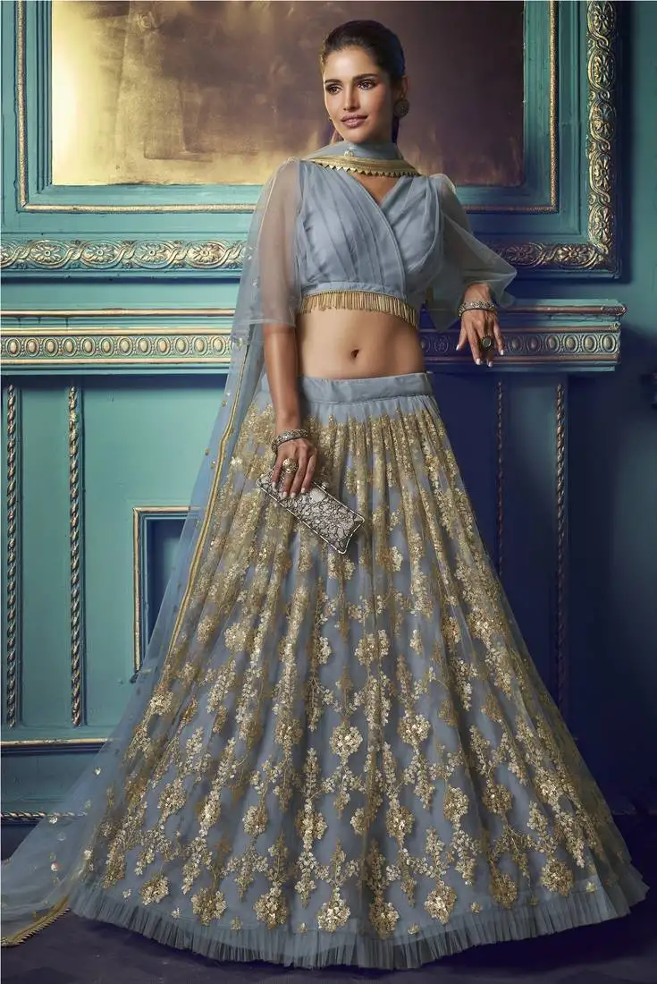Alluring grey sequins embroidered and ruffle work net wdding lehenga choli