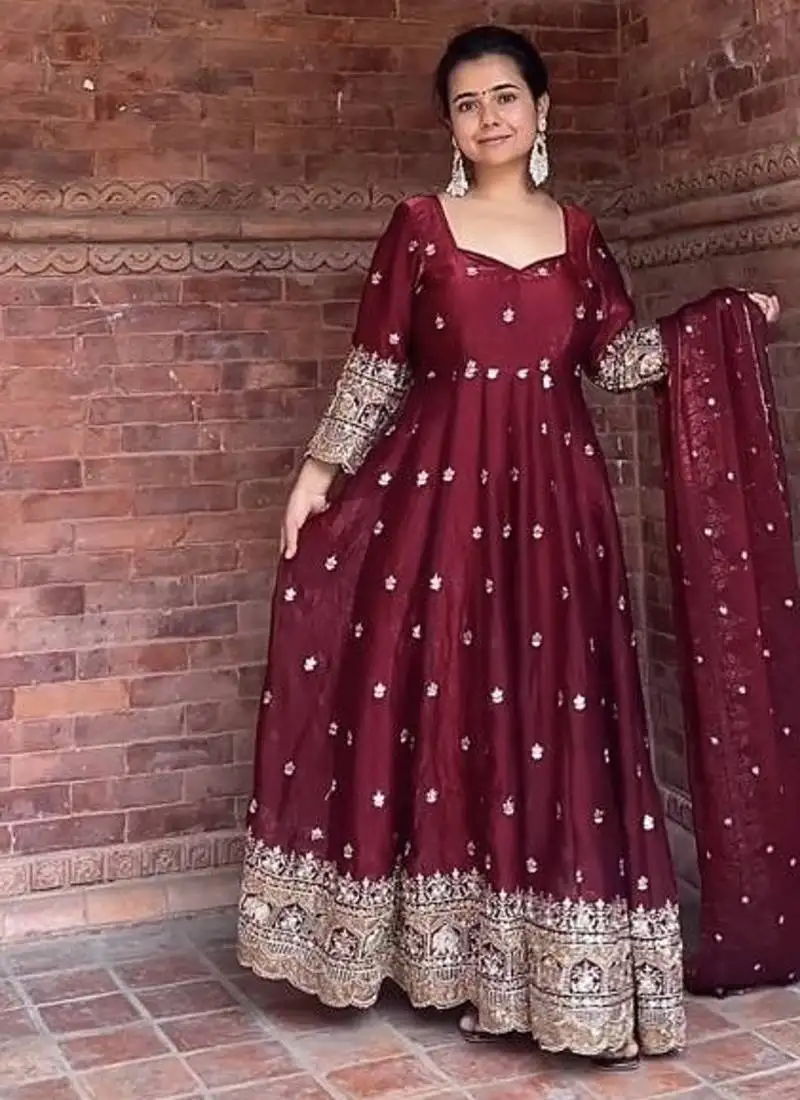 Maroon heavy fendy silk embroidery work party wear suit set stitched