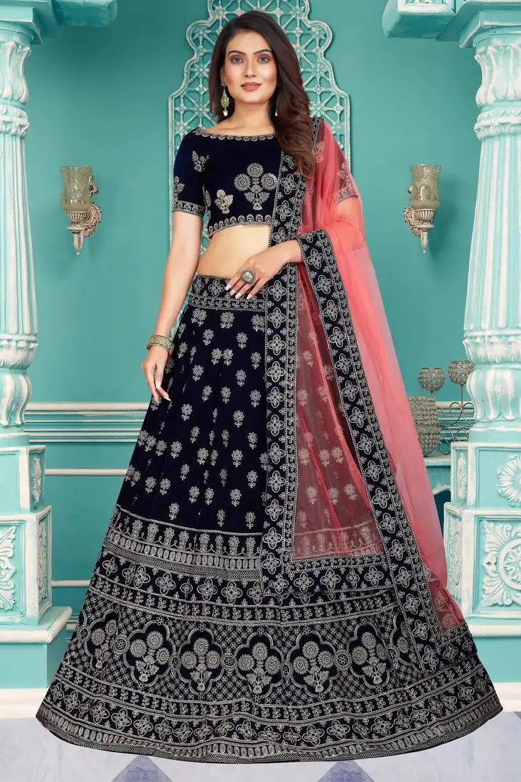 Velvet navy blue zari embroidered bridal lehenga choli