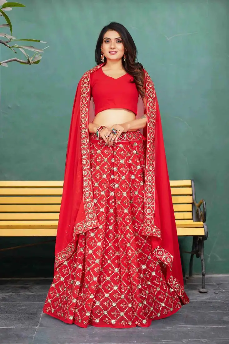 Georgette red sequin embroidered bridal lehenga choli