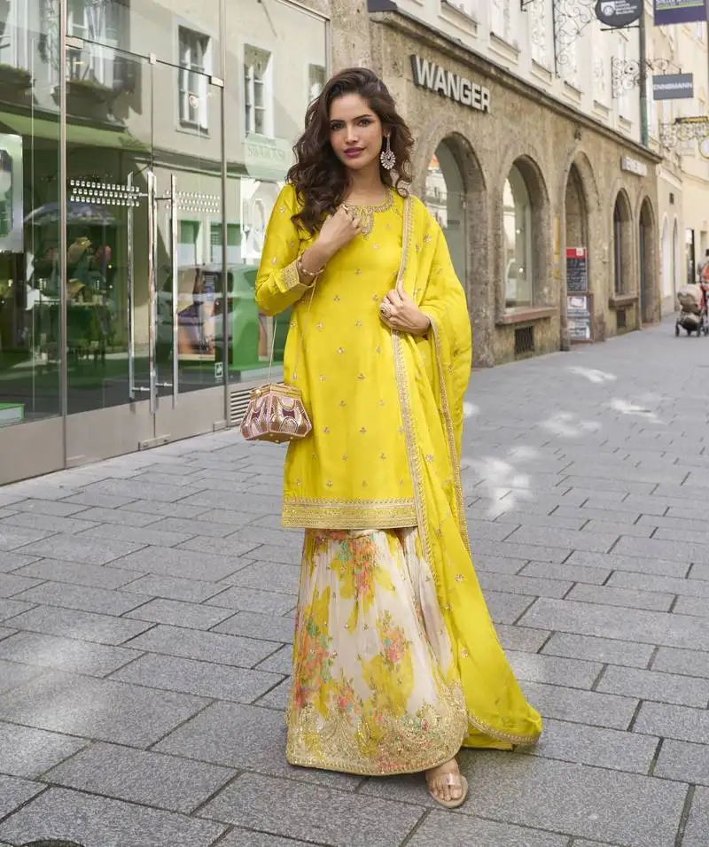 Lime yellow chinon sharar suit stitched