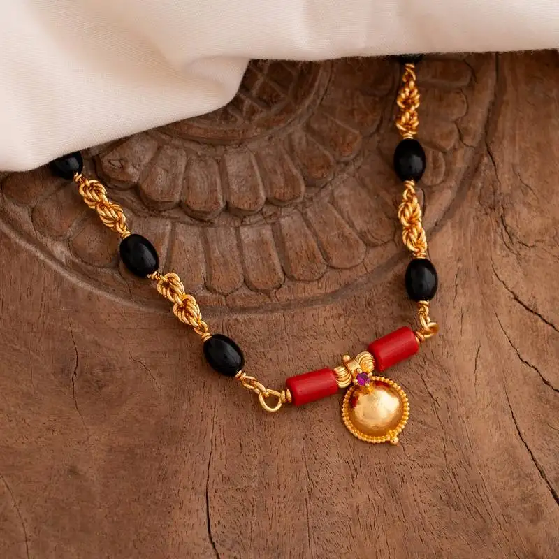 Golden 2+1 brahmamudi long mangalsutra with single vati one gram gold