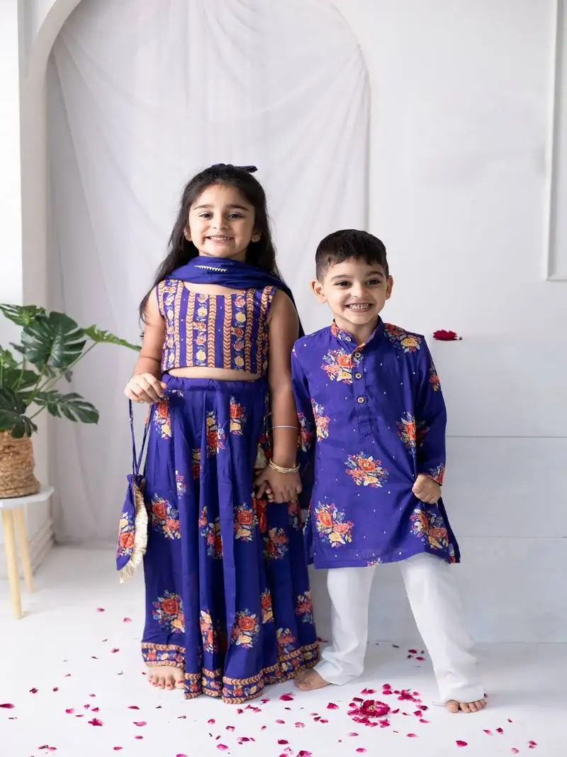 Purple printed cotton lehenga with hair clip & potli bag.