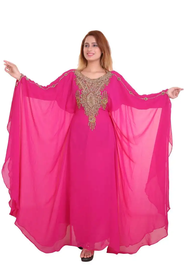 Rani pink zari stone work georgette islamic style beads embedded partywear kaftan long gown evening wear dubai kaftan