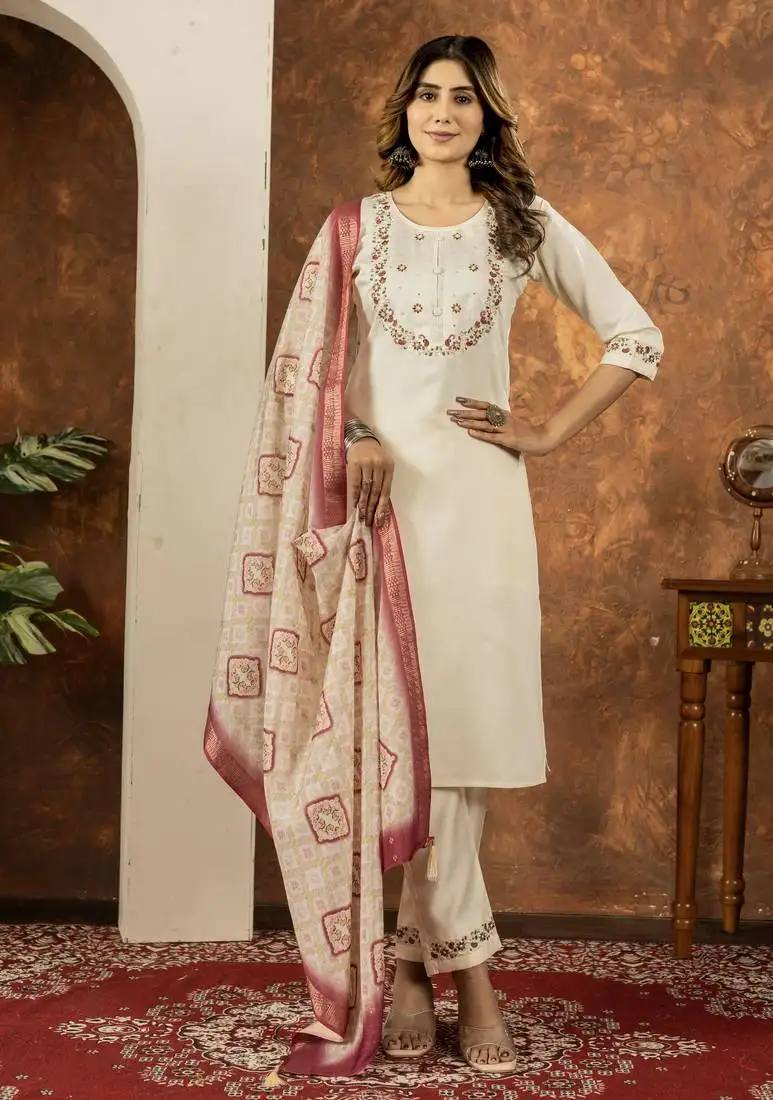 Off white designer straight kurti pant dupatta set with embroidery and hand work