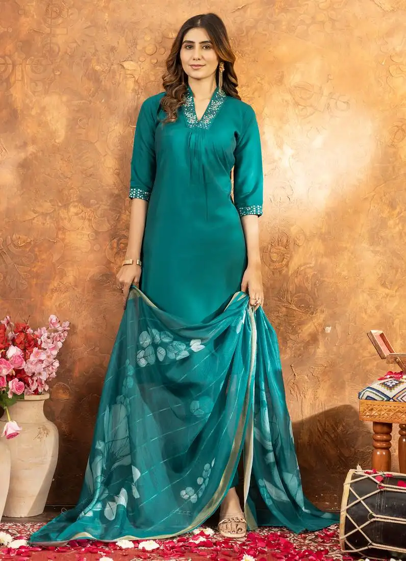 Rama designer straight kurti pant dupatta set with embroidery and hand work