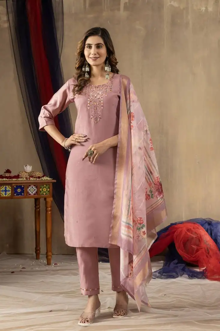 Onion pink designer straight kurti pant dupatta set with embroidery and hand work