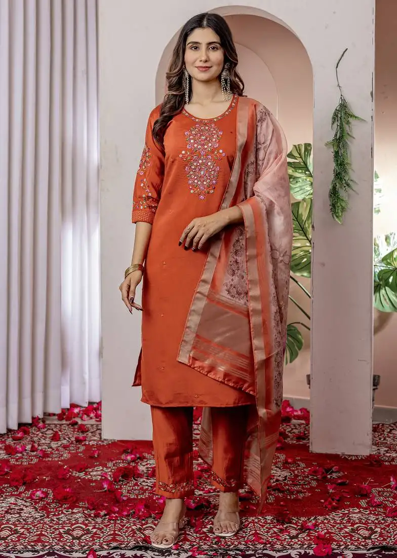 Orange designer straight kurti pant dupatta set with embroidery and hand work
