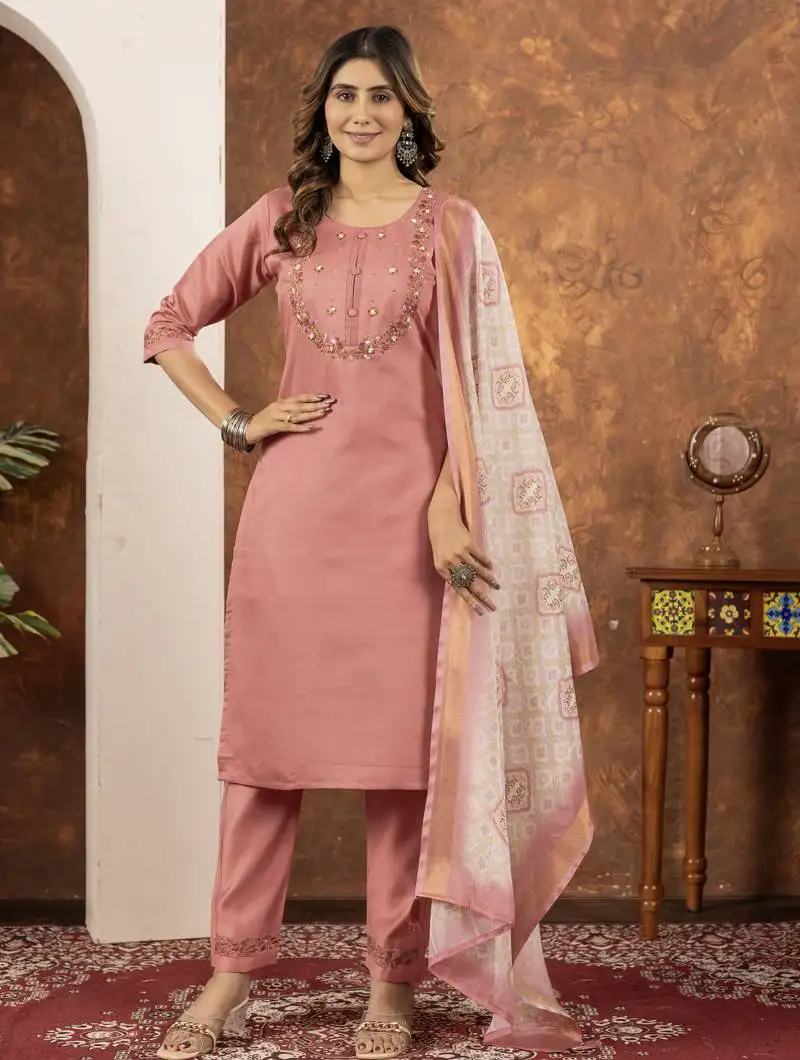 Peach designer straight kurti pant dupatta set with embroidery and hand work