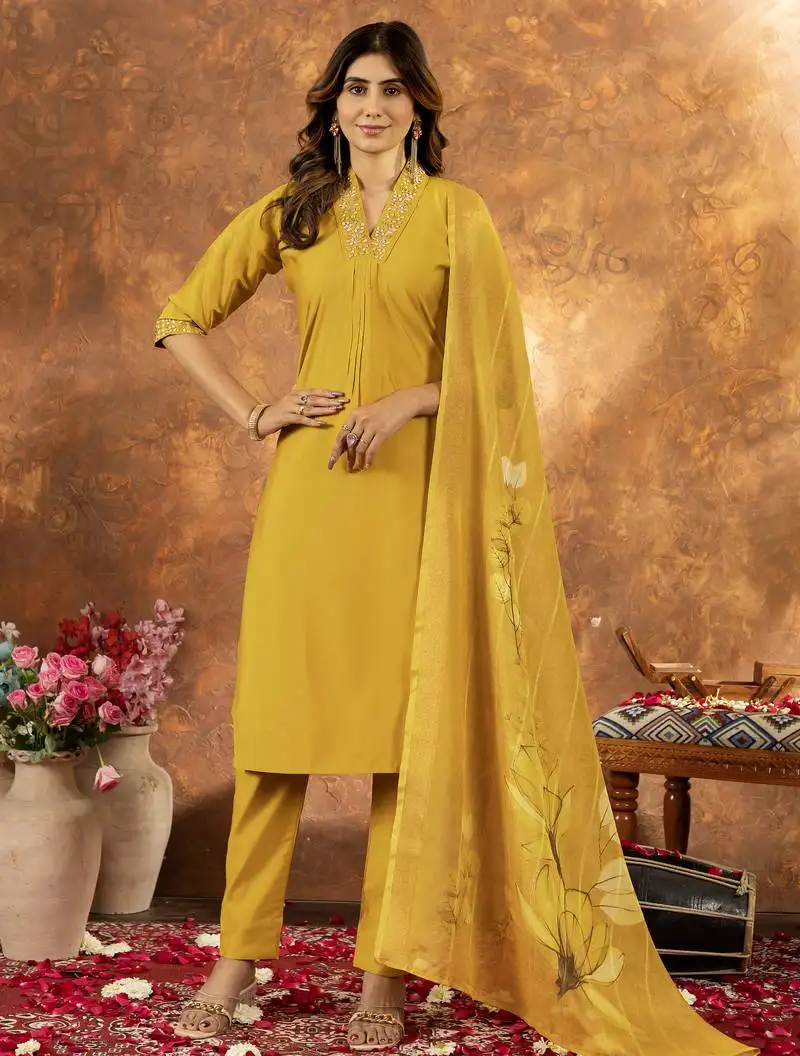 Musterd designer straight kurti pant dupatta set with embroidery and hand work