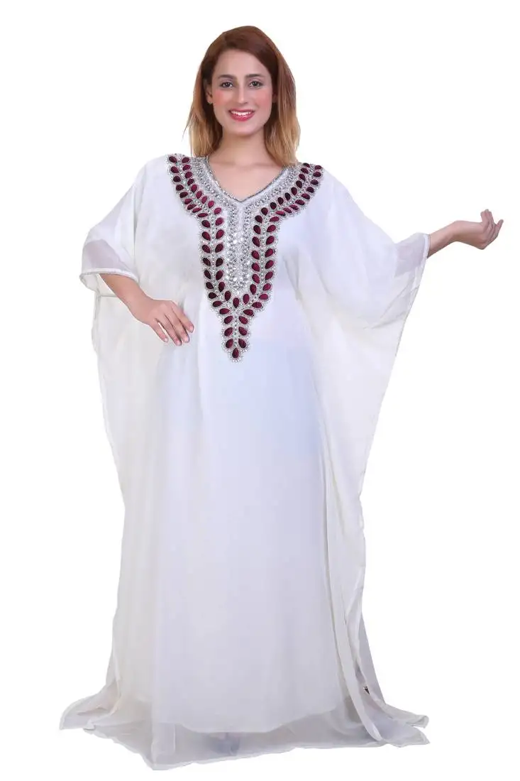 White zari stone work georgette islamic style beads embedded partywear kaftan long gown evening wear dubai kaftan