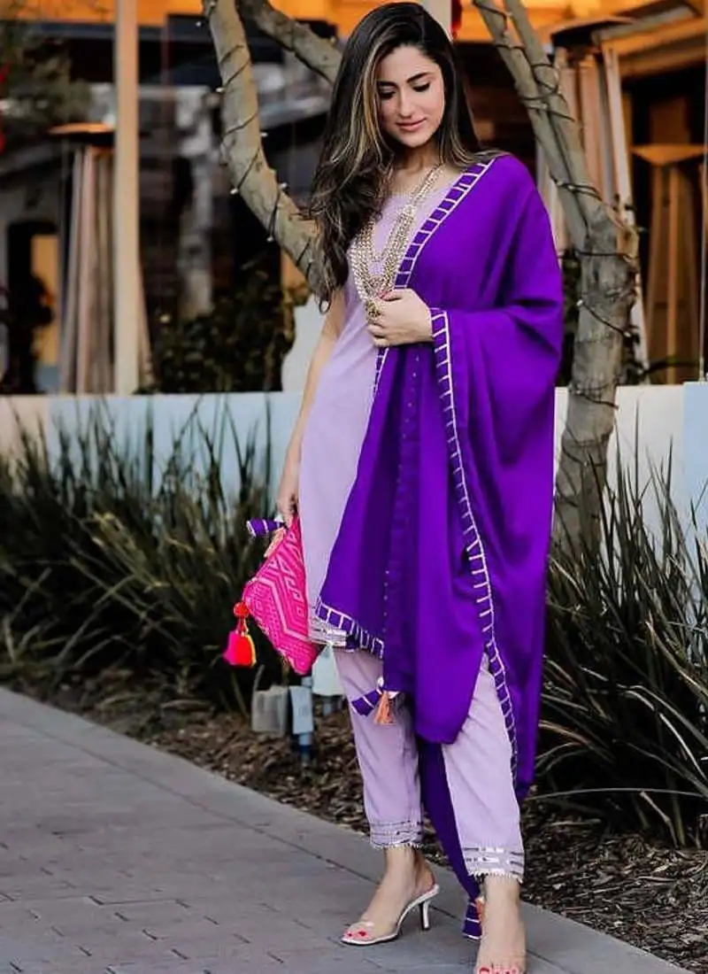 Lavender embroidered fusion suit set with dupatta festival wear suit set
