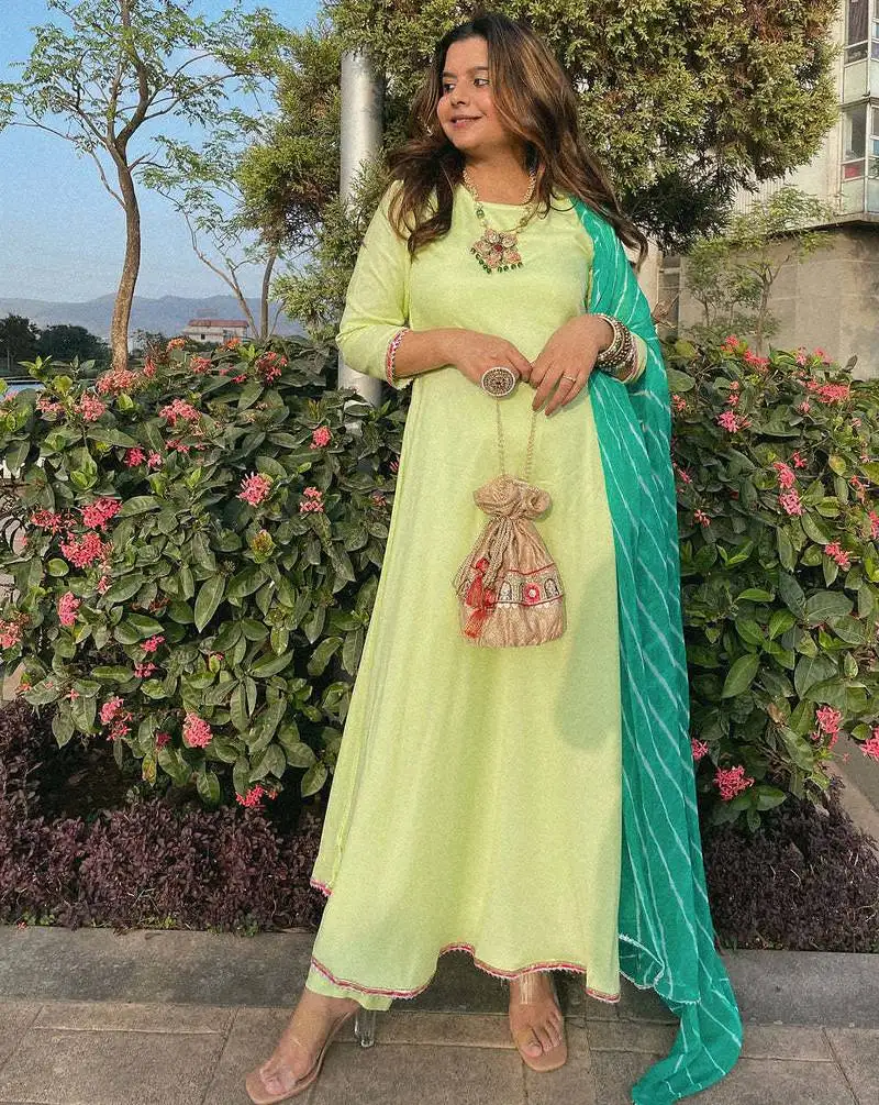 Pista green embroidered suit set with leheriya dupatta festival wear suit set