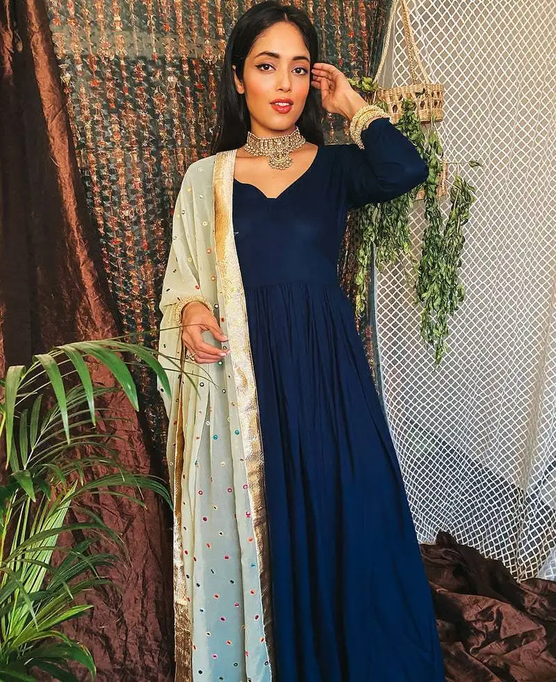 Blue embroidered suit set with work dupatta new arrival design