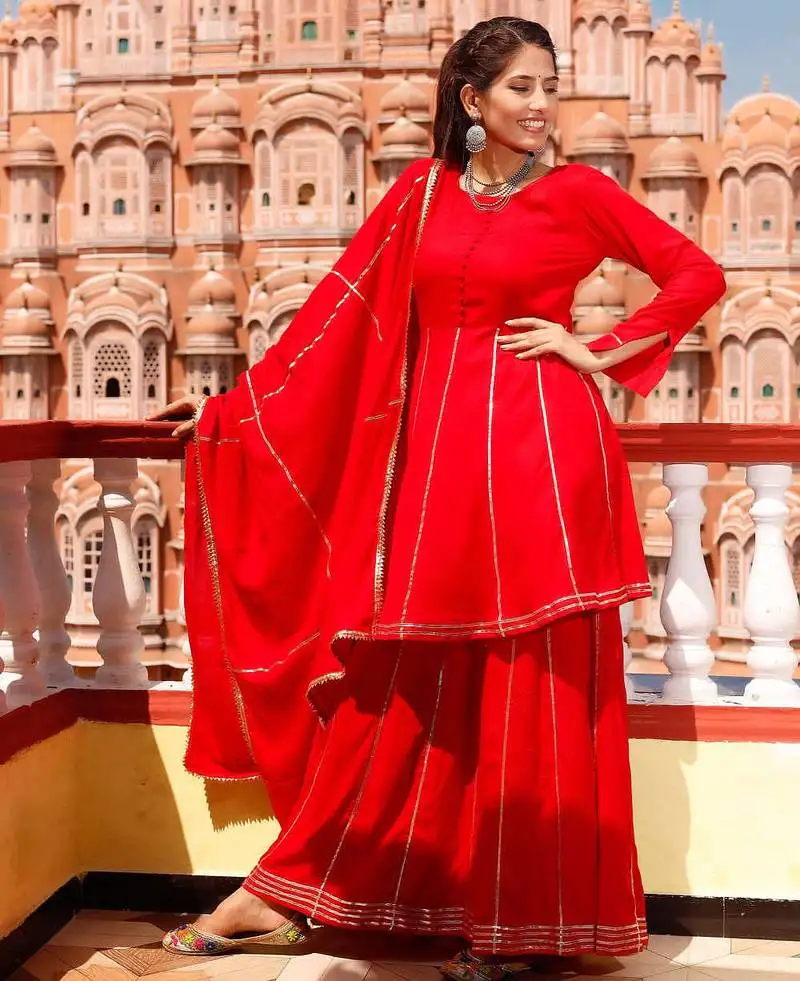 Gotta work red embroidered suit set traditional wear suit set with dupatta