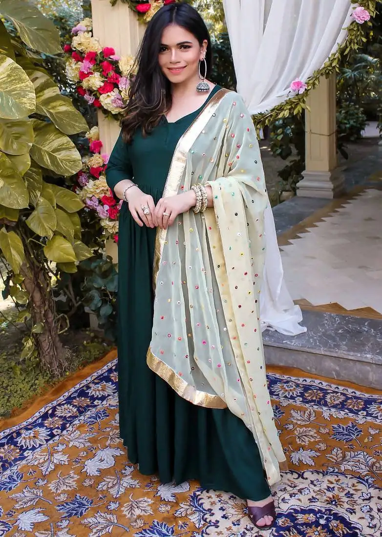 Bottle green embroidered designer neck suit set festival wear stylish suit set