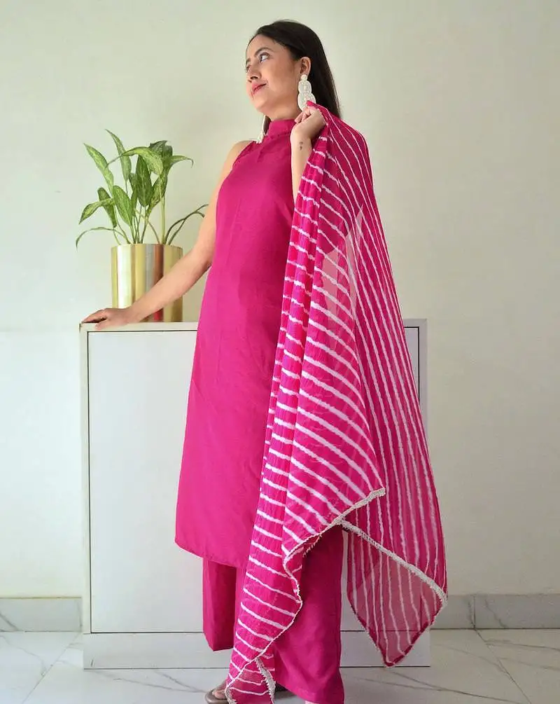 High neck stylish suit set floral pink embroidered traditional wear suit set