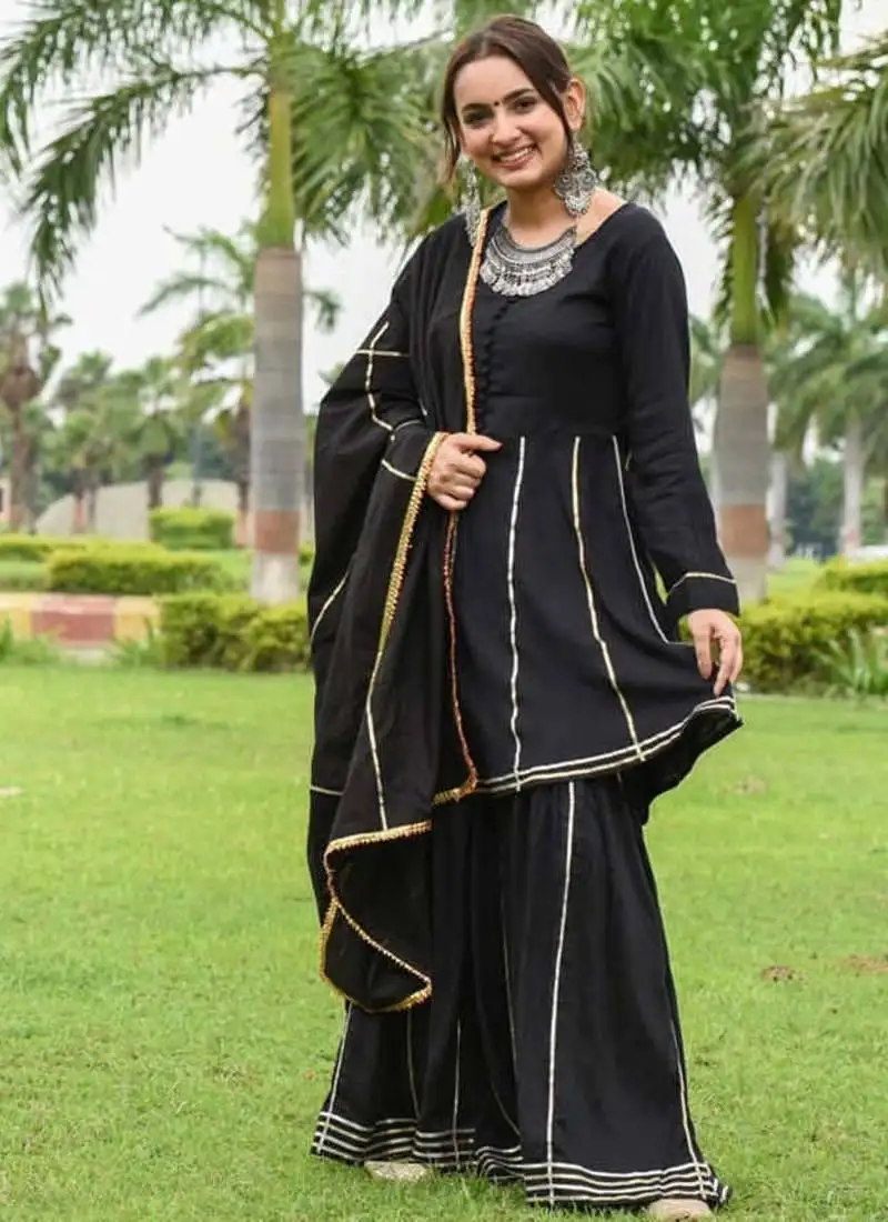 Traditional wear black embroidered suit set heavy gotta work suit set with dupatta