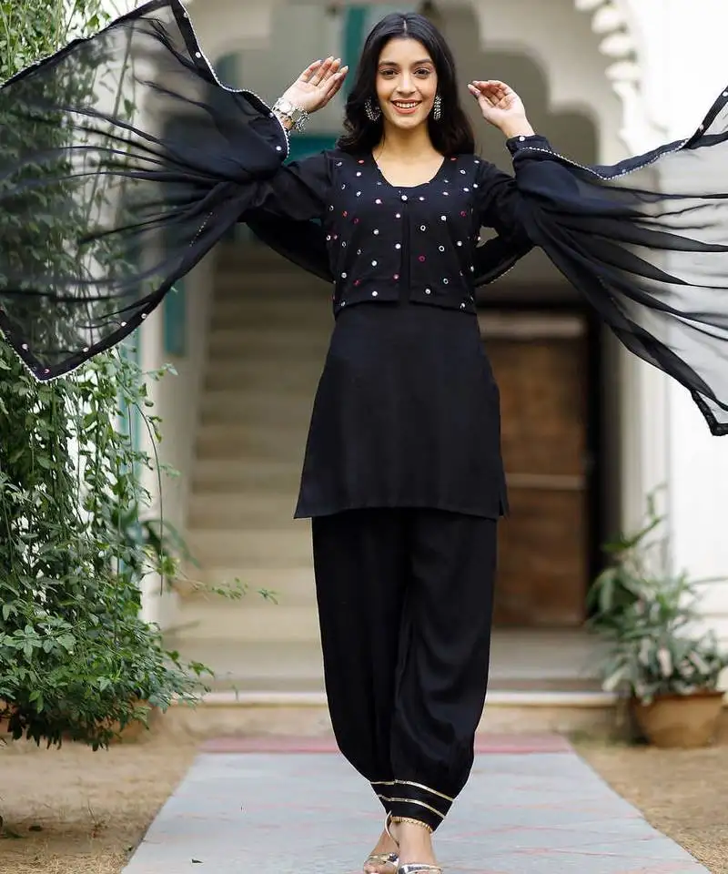 Black mirror work suit set with jacket and potli heavy five piece suit set