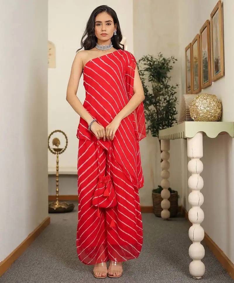 Lorient red embroidered red one shoulder kurta set with potli party wear dress