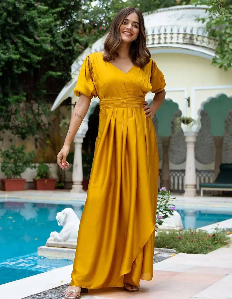 Gold embroidered silk set dress party wear dress outdoor wear dress