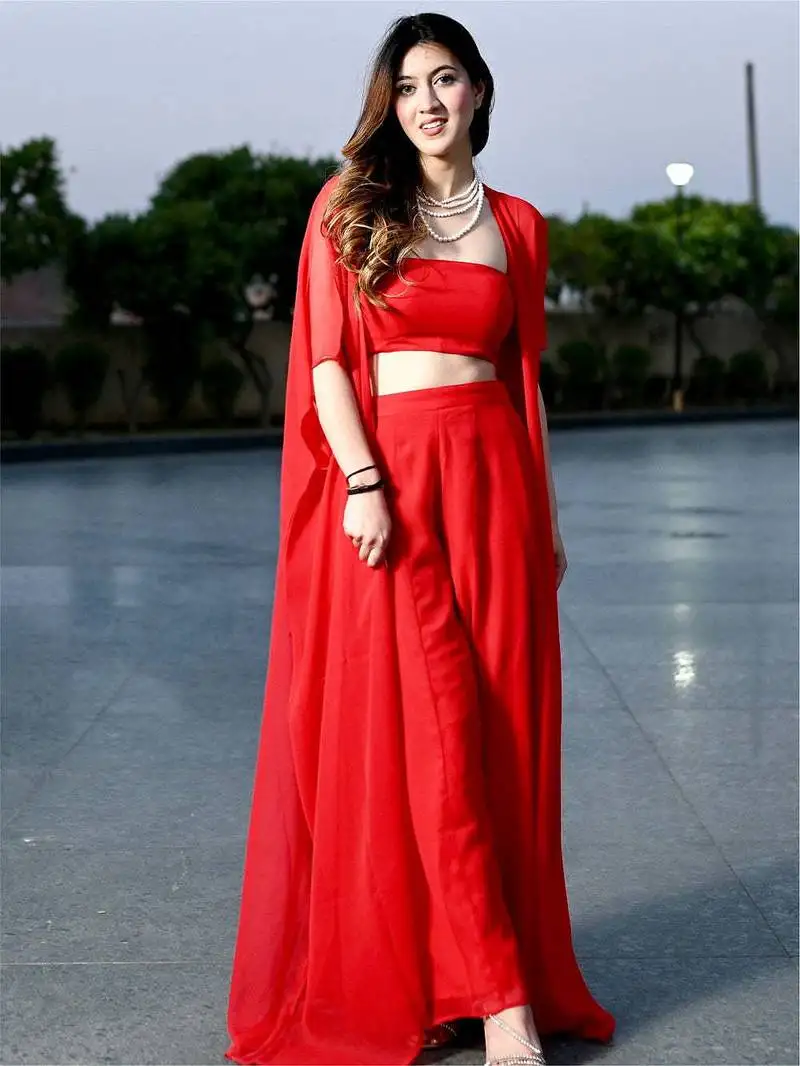 Designer red embroidered three piece set party wear dress flaired palazzo with shrug