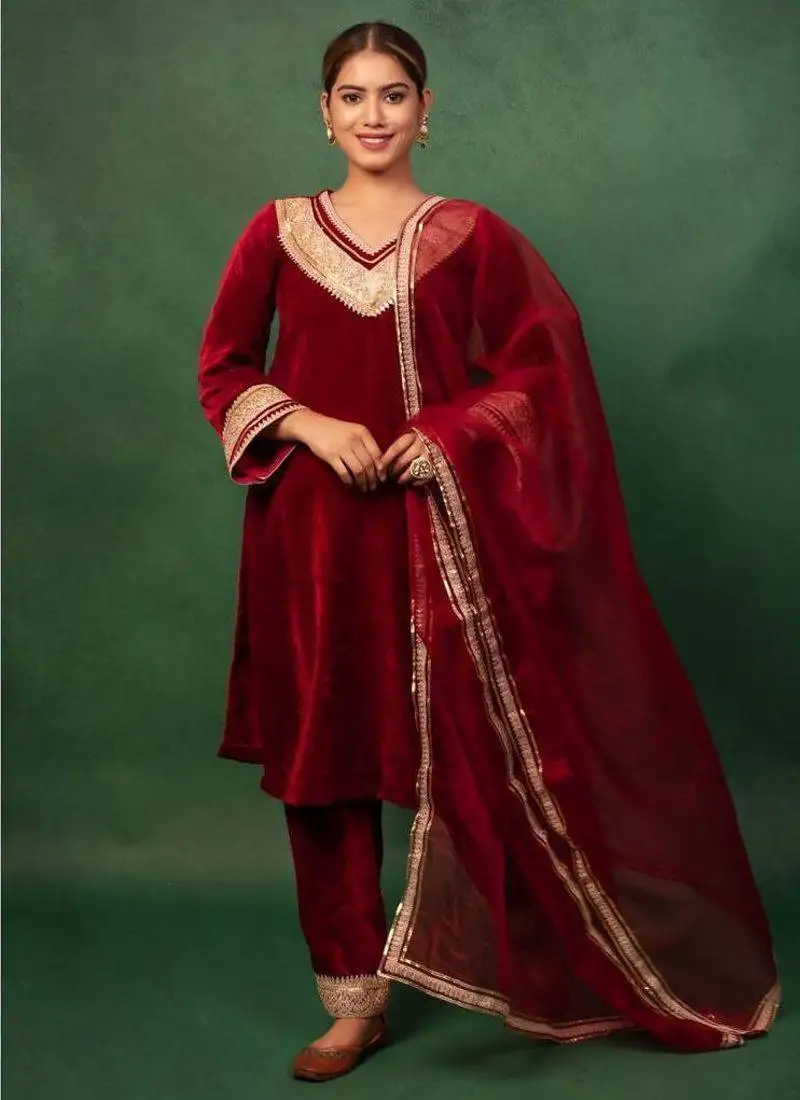Red embroidered velvet heavy suit set gotta work suit set with dupatta wedding wear dress