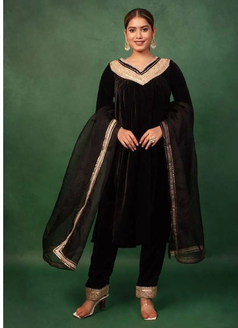 Black velvet gotta work kurta and pant with dupatta wedding wear suit set designer suit set