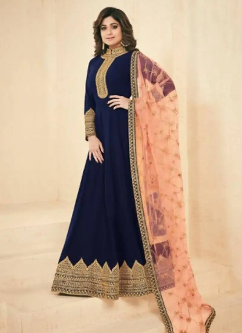 Blue georgette embroidered wedding wear designer anarkali suit semi stitched