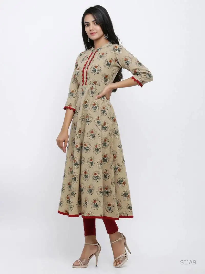 Women's cotton blend floral print anarkali kurta (beige)