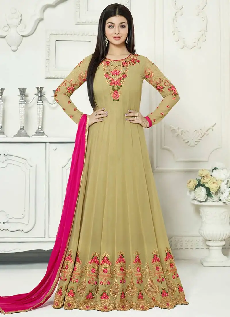 Beige georgette embroidered wedding wear designer anarkali semi stiched suit semi stitched