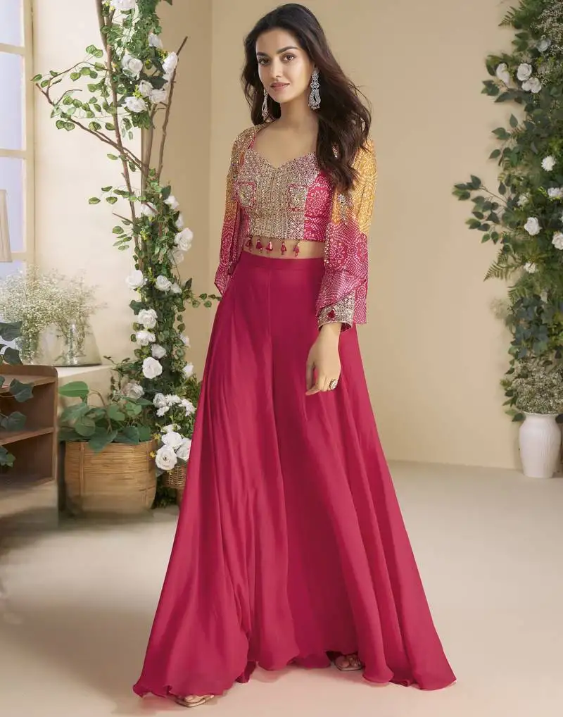 Orange pink colour jacket style palazzo readymade suit set for festive stitched