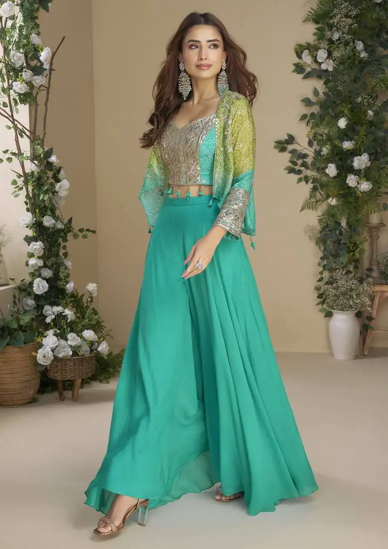 Sea green colour jacket style palazzo readymade suit set for festive stitched