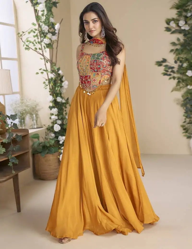 Mustard colour palazzo style readymade suit set for festive stitched