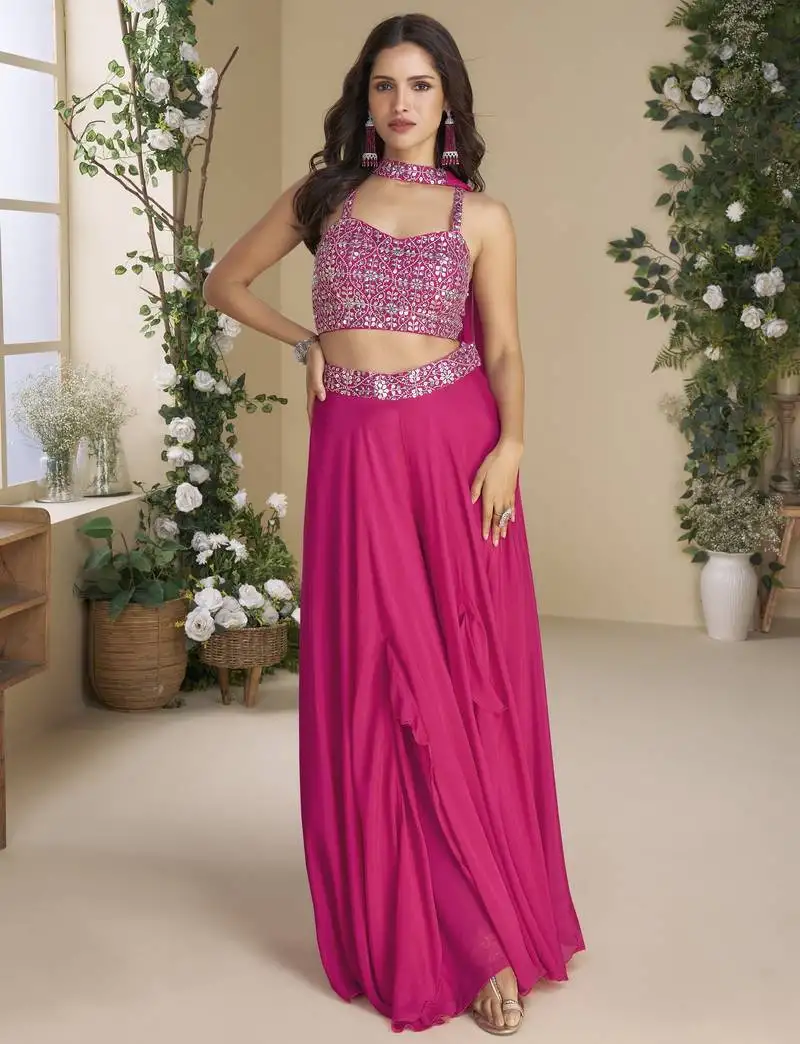 Rani pink sequance embroidered croptop plazzo suit set festive wear stitched