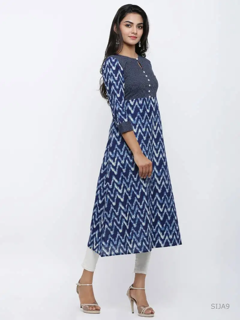 Women's cotton chevron print kaantha work a-line kurta (blue)