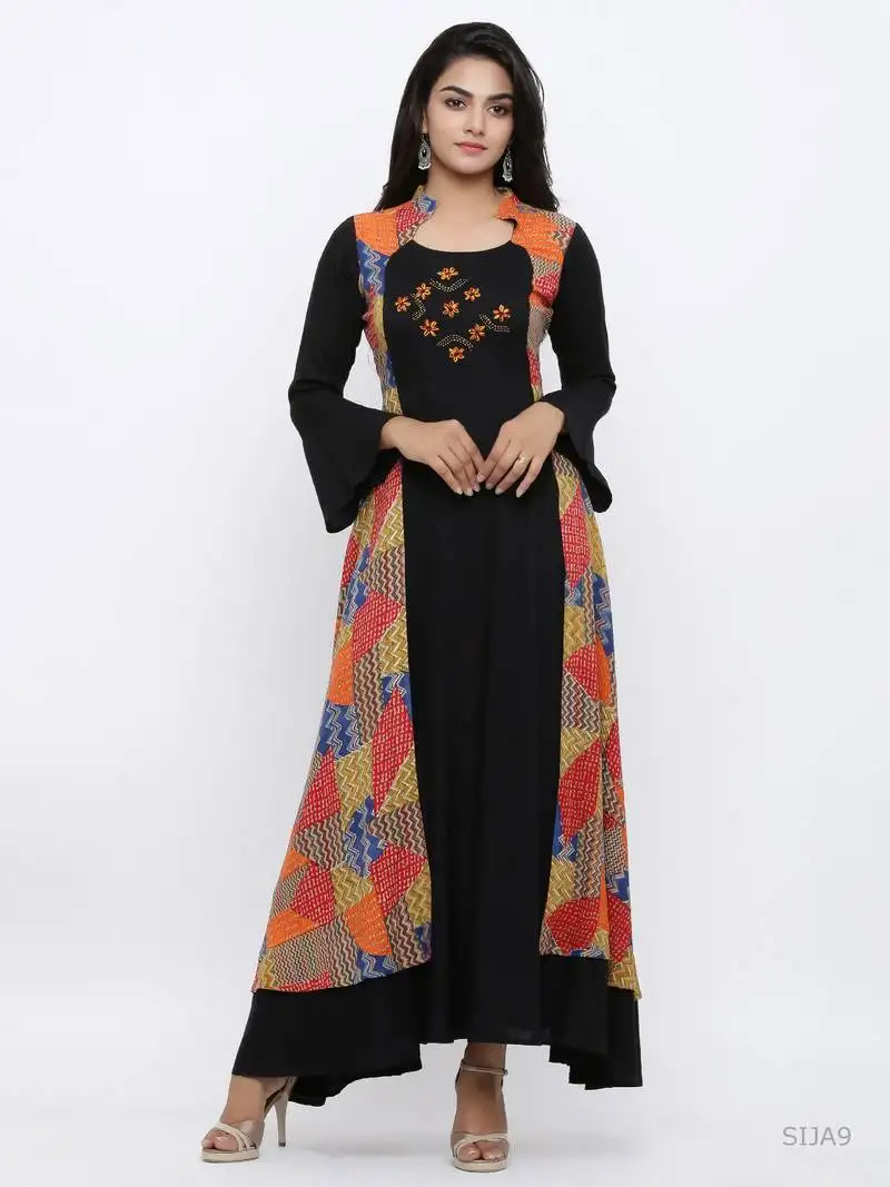 Women's rayon geometric print embroidered anarkali kurta (black)