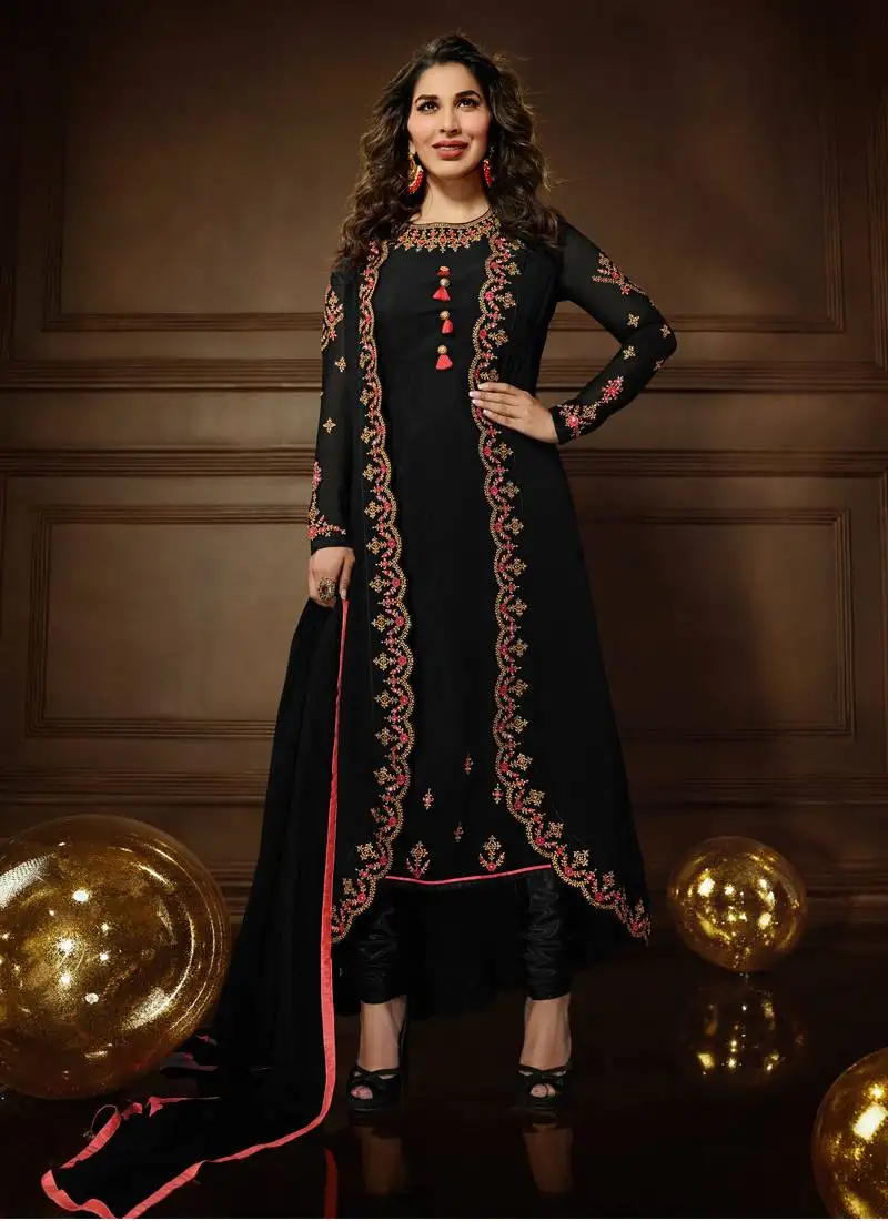 Black georgette resham embroidered straight suit semi stitched